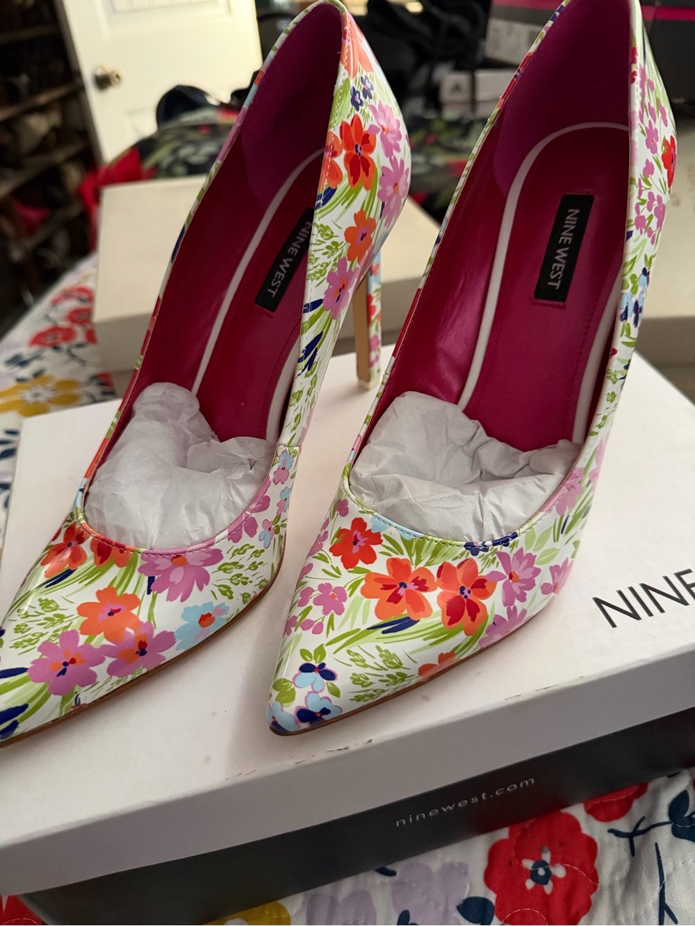 Nine West Floral Pointed-Toe Stiletto Pumps - White with Pink Lining